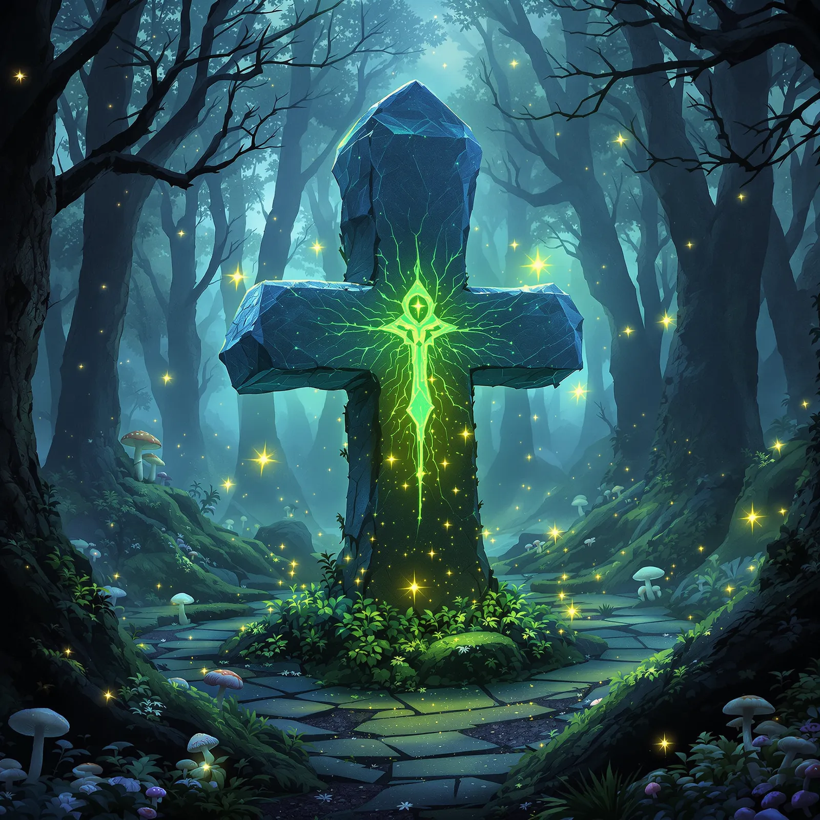An ancient glowing rune stone deep inside a misty enchanted forest, surrounded by bioluminescent mushrooms and floating fireflies, ethereal atmosphere.