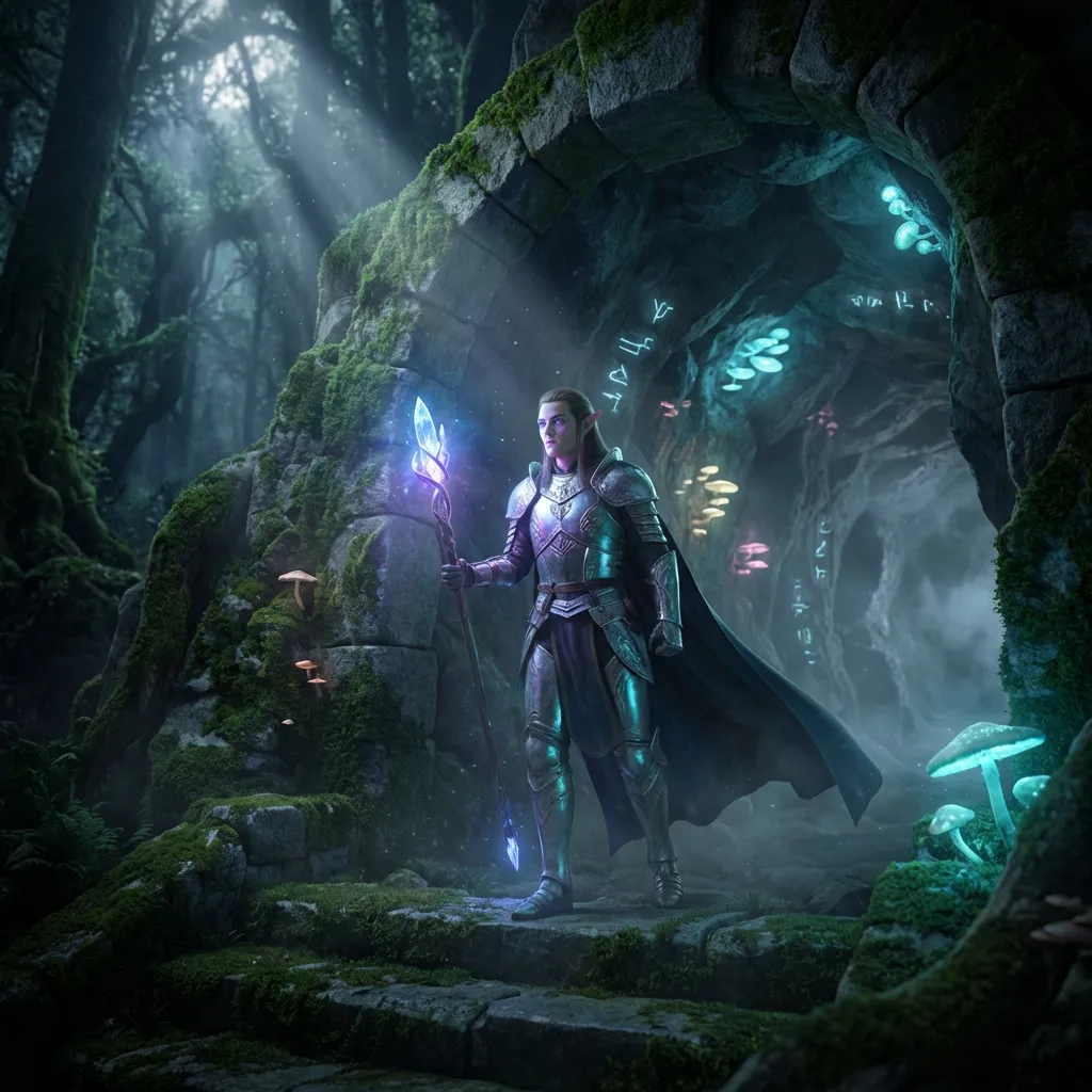 An elf warrior clad in silver armor standing at the entrance of a magical cavern, holding a glowing crystal staff, cinematic lighting, masterpiece.