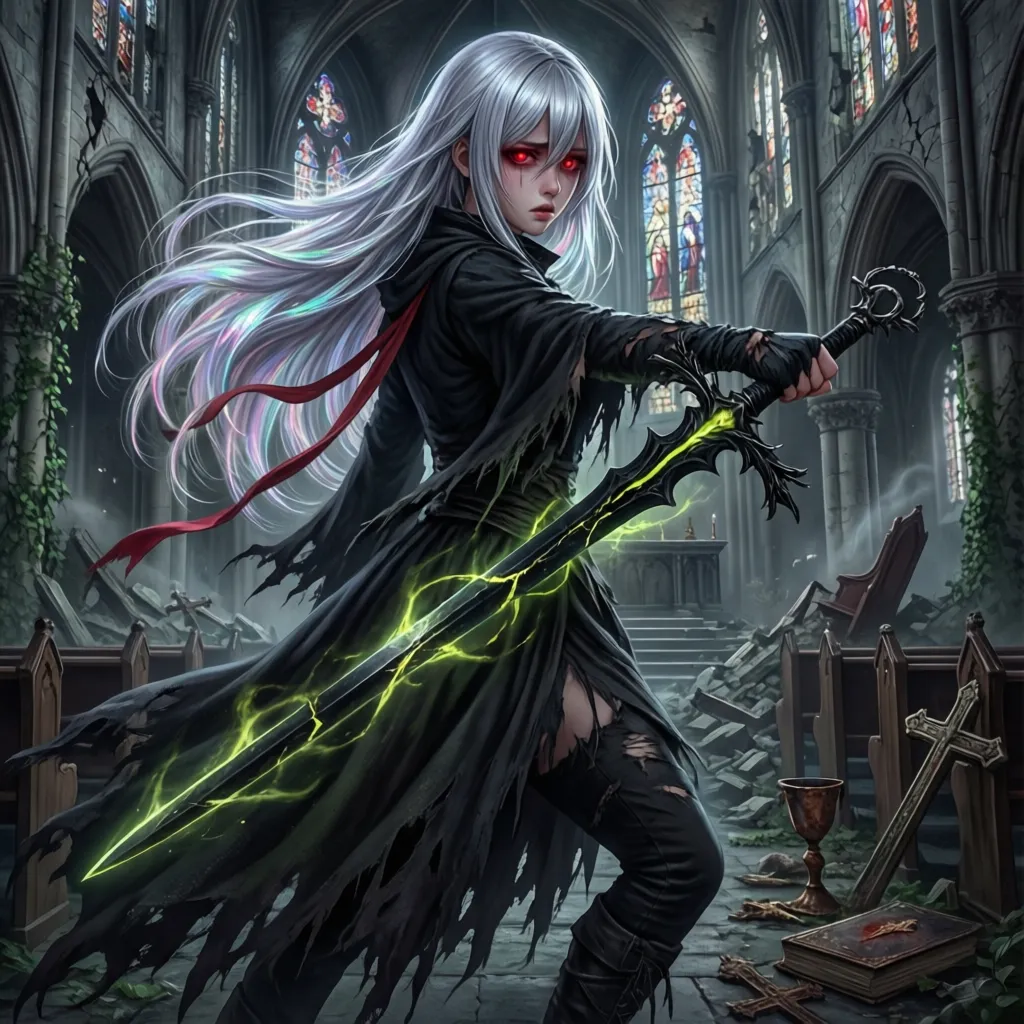 Dark fantasy anime style, 1girl with very long silver hair and red eyes holding a glowing cursed sword, ruined church background, dynamic pose, highly detailed.