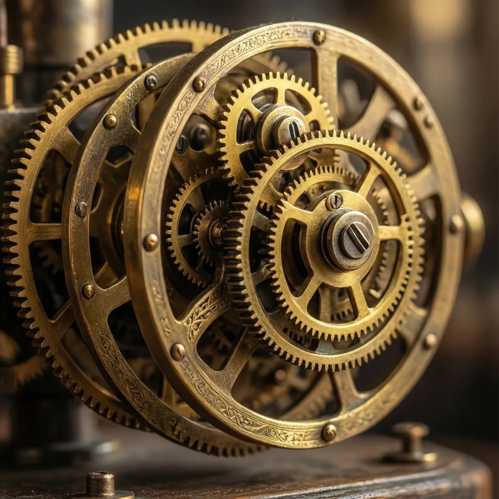 Close up of intricate clockwork gears made of brass and gold, mechanical complexity, soft warm lighting, highly detailed, steampunk vibe.