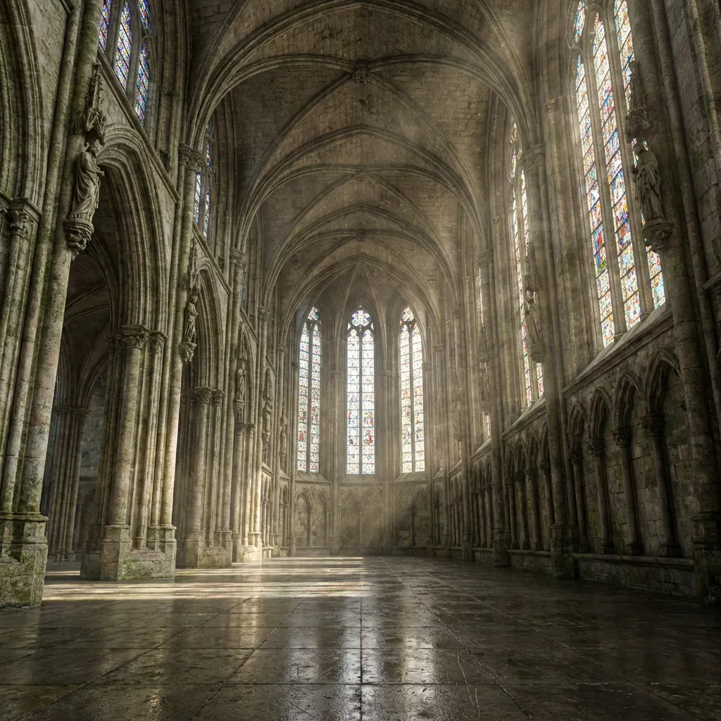Interior of a grand gothic cathedral with soaring stained glass windows, shafts of divine light filtering through dust motes, monumental scale, intricate stone carvings.