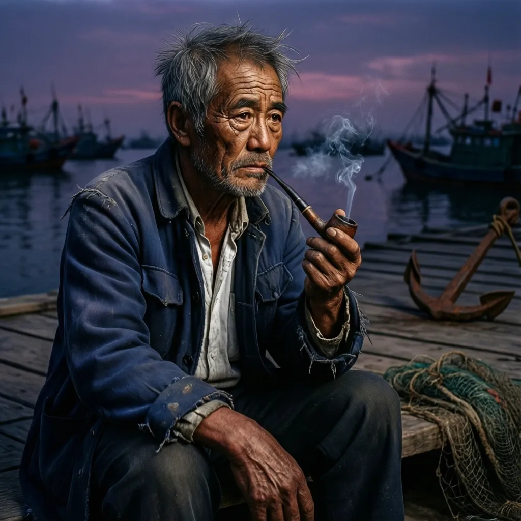 Cinematic portrait of an elderly fisherman with deep wrinkles, smoking a pipe, weathered face, moody dramatic lighting, dark background, highly detailed.