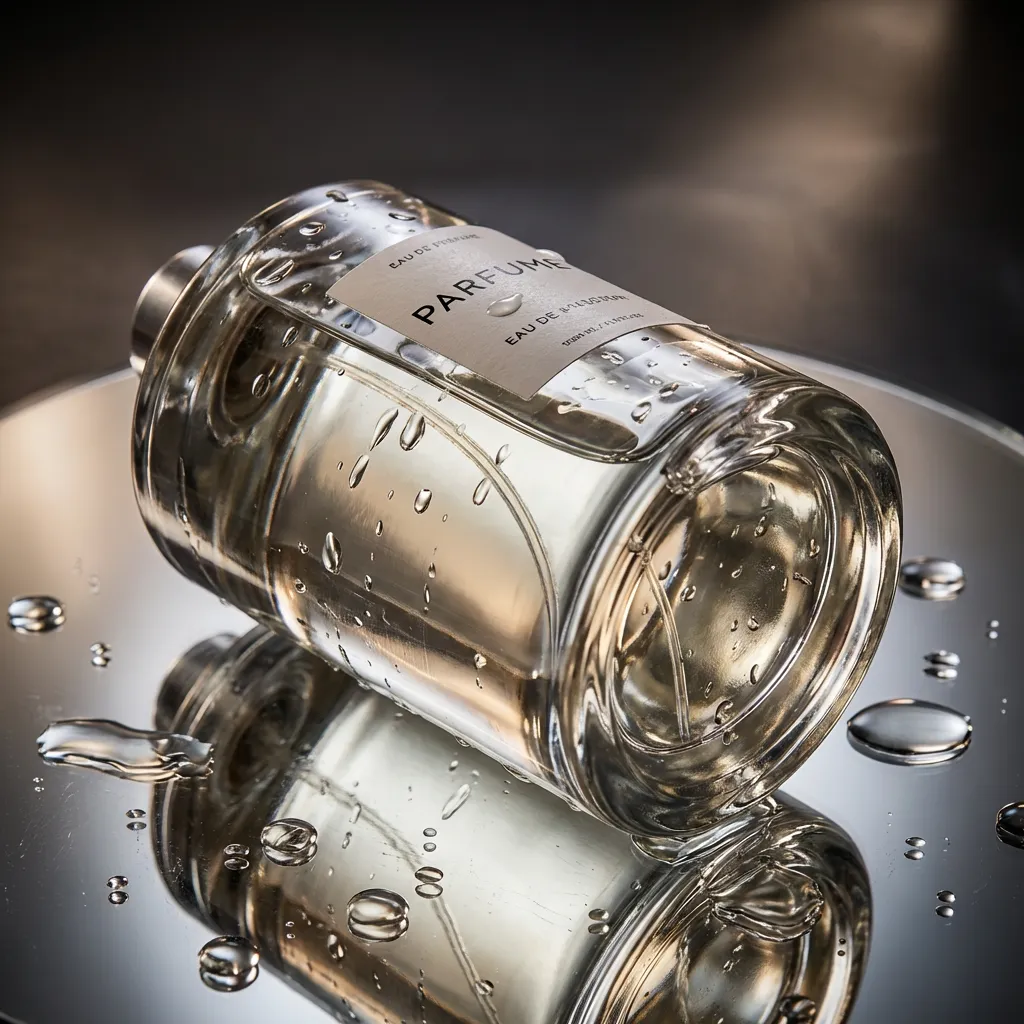 Commercial product photography of a sleek glass perfume bottle resting on a mirror surface, splashed with fresh water droplets, dramatic studio lighting, high end.