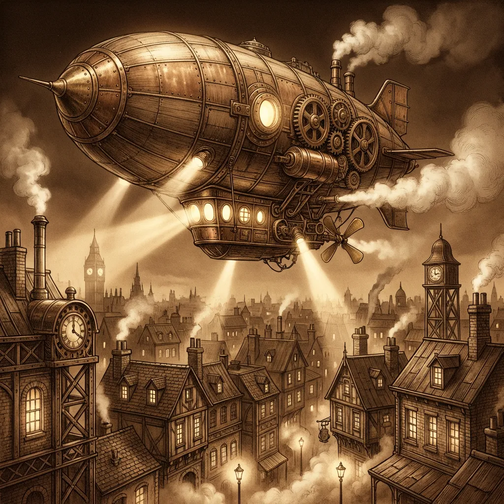 A giant steampunk airship floating above a Victorian city, brass gears, steam vents, propeller blades, warm sepia tones, highly detailed illustration.