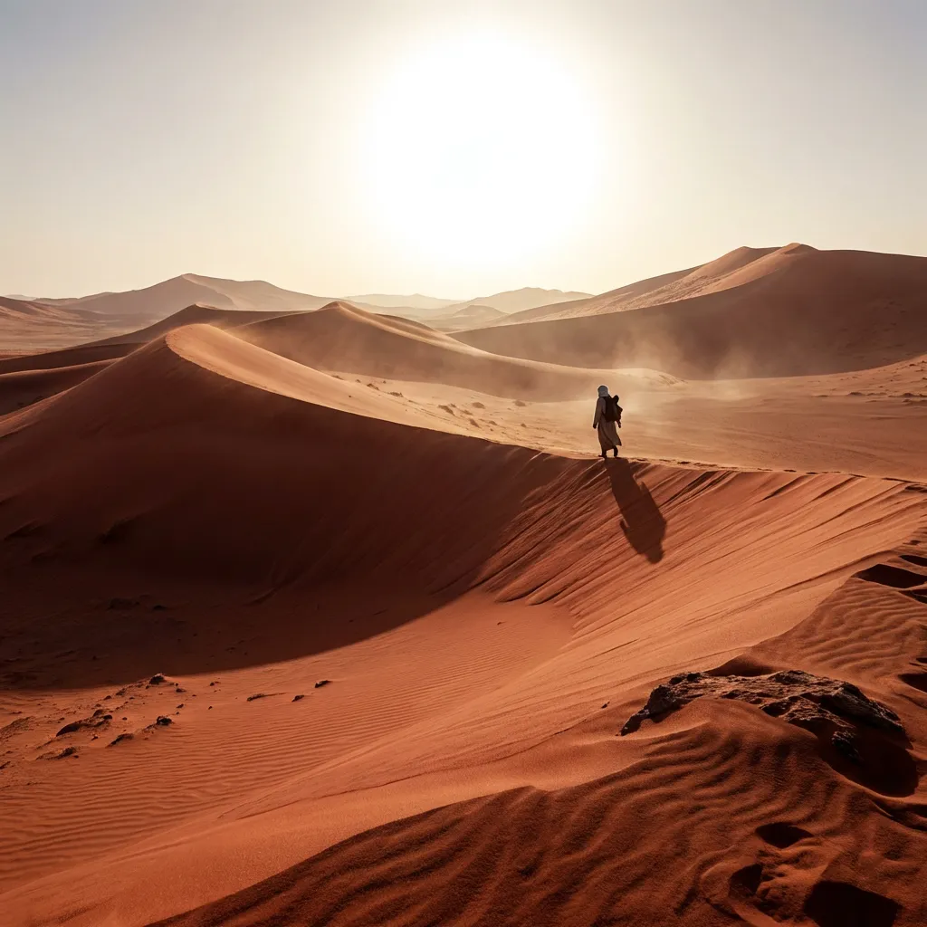 A vast desert landscape with giant red sand dunes, a lonely nomad walking in the distance, intense scorching sun, cinematic wide angle shot, 4k.