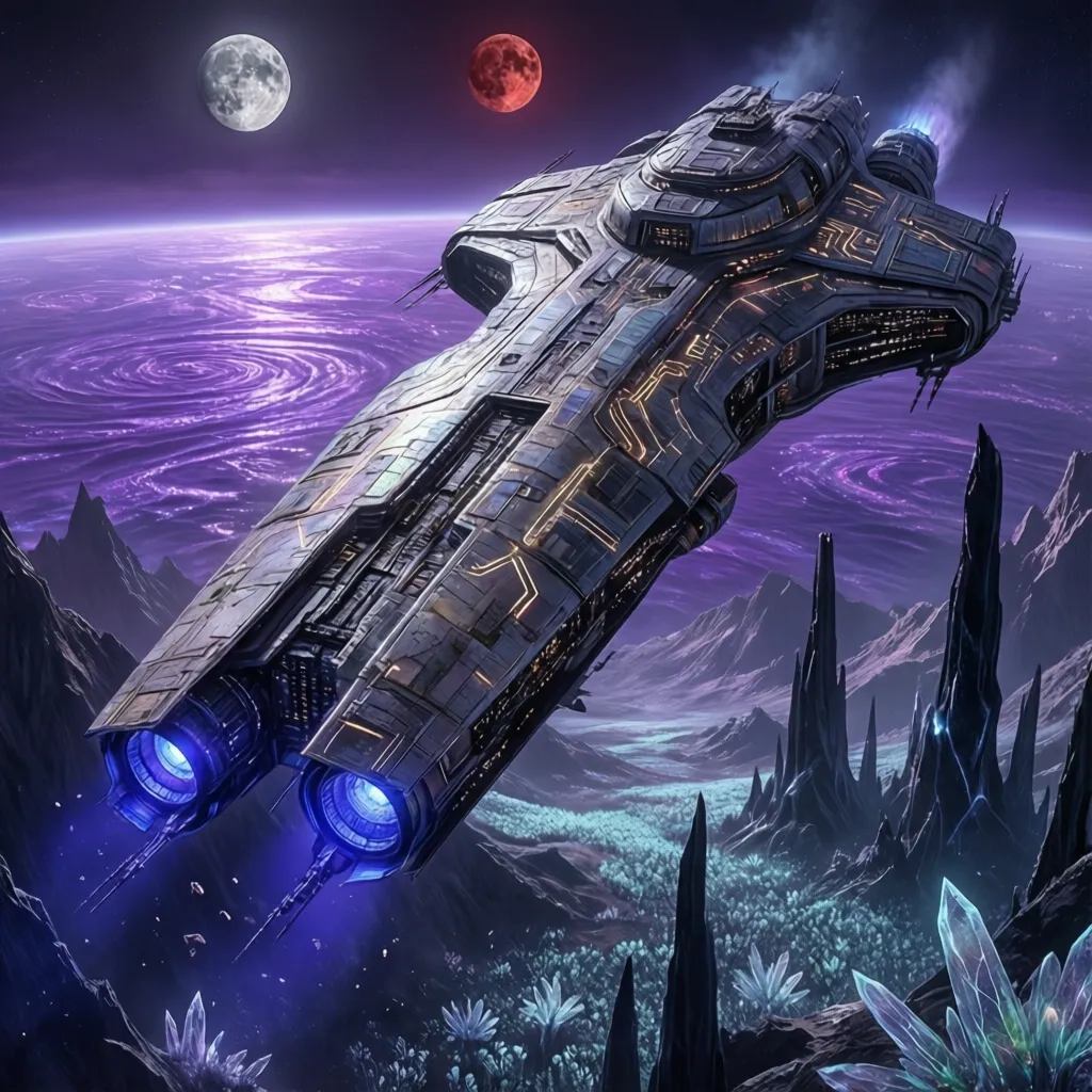 A colossal spaceship hovering over an alien planet with purple oceans and twin moons, highly detailed sci-fi illustration, epic scale, concept art.