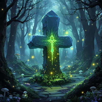 An ancient glowing rune stone deep inside a misty enchanted forest, surrounded by bioluminescent mushrooms and floating fireflies, ethereal atmosphere. An ancient glowing rune stone deep inside a misty enchanted forest, surrounded by bioluminescent mushrooms and floating fireflies, ethereal atmosphere.