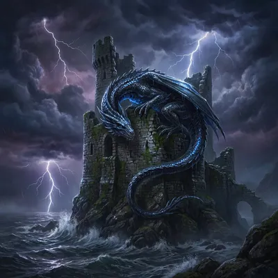 A majestic dragon resting on top of a ruined castle tower, dramatic stormy sky with lightning, epic fantasy concept art, highly detailed scales. A majestic dragon resting on top of a ruined castle tower, dramatic stormy sky with lightning, epic fantasy concept art, highly detailed scales.
