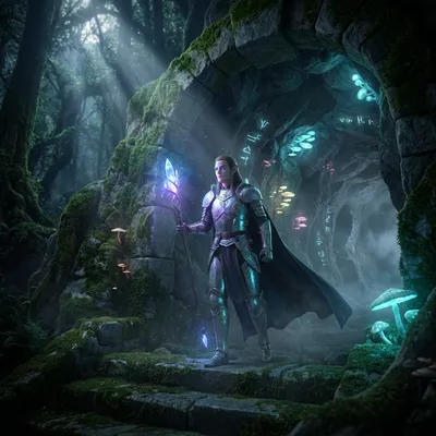 An elf warrior clad in silver armor standing at the entrance of a magical cavern, holding a glowing crystal staff, cinematic lighting, masterpiece. An elf warrior clad in silver armor standing at the entrance of a magical cavern, holding a glowing crystal staff, cinematic lighting, masterpiece.