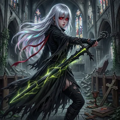 Dark fantasy anime style, 1girl with very long silver hair and red eyes holding a glowing cursed sword, ruined church background, dynamic pose, highly detailed. Dark fantasy anime style, 1girl with very long silver hair and red eyes holding a glowing cursed sword, ruined church background, dynamic pose, highly detailed.