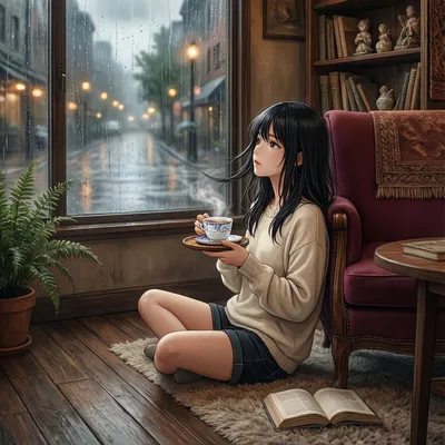 A cozy coffee shop interior on a rainy day, anime style, a girl looking out the window with a cup of hot tea, soft warm colors, lo-fi aesthetic. A cozy coffee shop interior on a rainy day, anime style, a girl looking out the window with a cup of hot tea, soft warm colors, lo-fi aesthetic.