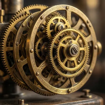 Close up of intricate clockwork gears made of brass and gold, mechanical complexity, soft warm lighting, highly detailed, steampunk vibe. Close up of intricate clockwork gears made of brass and gold, mechanical complexity, soft warm lighting, highly detailed, steampunk vibe.