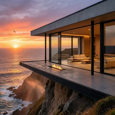 A modern minimalist villa perched on a cliff edge overlooking the ocean at sunset, floor-to-ceiling glass windows, warm interior lighting, architectural visualization. A modern minimalist villa perched on a cliff edge overlooking the ocean at sunset, floor-to-ceiling glass windows, warm interior lighting, architectural visualization.
