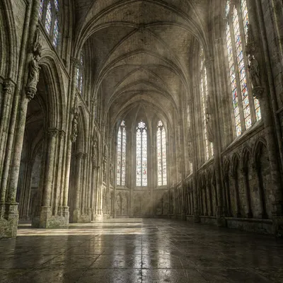 Interior of a grand gothic cathedral with soaring stained glass windows, shafts of divine light filtering through dust motes, monumental scale, intricate stone carvings. Interior of a grand gothic cathedral with soaring stained glass windows, shafts of divine light filtering through dust motes, monumental scale, intricate stone carvings.