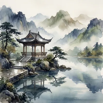 A watercolor painting of a traditional Chinese pavilion in the misty mountains, soft brush strokes, ink wash style, tranquil and poetic. A watercolor painting of a traditional Chinese pavilion in the misty mountains, soft brush strokes, ink wash style, tranquil and poetic.