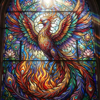 A magical stained glass window design featuring a majestic phoenix rising from the flames, intricate colorful patterns, sunlight shining through. A magical stained glass window design featuring a majestic phoenix rising from the flames, intricate colorful patterns, sunlight shining through.
