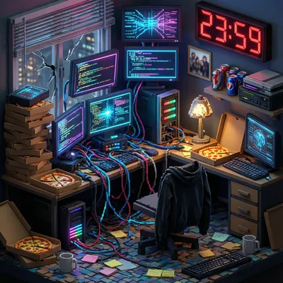 A highly detailed isometric diroma of a hacker's messy bedroom, glowing multiple monitors, pizza boxes, neon lights, voxel art style. A highly detailed isometric diroma of a hacker's messy bedroom, glowing multiple monitors, pizza boxes, neon lights, voxel art style.