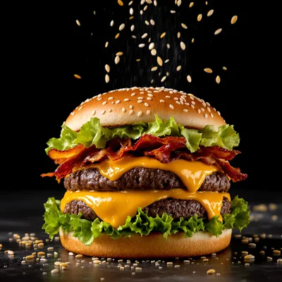 Close-up food photography of a juicy double cheeseburger with melting cheese, crispy bacon, and fresh lettuce, flying sesame seeds, dark background, appetizing. Close-up food photography of a juicy double cheeseburger with melting cheese, crispy bacon, and fresh lettuce, flying sesame seeds, dark background, appetizing.