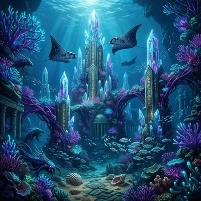 Epic concept art of an underwater Atlantis city, glowing bioluminescent coral reefs, giant manta rays swimming between crystal towers, deep ocean blue. Epic concept art of an underwater Atlantis city, glowing bioluminescent coral reefs, giant manta rays swimming between crystal towers, deep ocean blue.