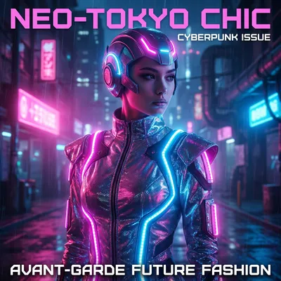 A sophisticated magazine cover portrait of a young model wearing high fashion avant-garde clothing, neon pink and blue lighting, cyberpunk aesthetic, sharp focus. A sophisticated magazine cover portrait of a young model wearing high fashion avant-garde clothing, neon pink and blue lighting, cyberpunk aesthetic, sharp focus.