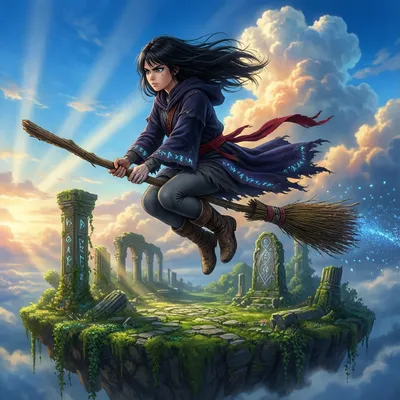 Masterpiece, highest quality anime illustration, featuring a determined young witch flying dynamically on a broomstick, soaring over an ancient moss-covered floating island with stone ruins. Background is a vast, grand sky at early morning, Makoto Shinkai style: hyper-saturated cobalt blue sky, cinematic lens flare, detailed towering cumulus clouds with light rays piercing through. Masterpiece, highest quality anime illustration, featuring a determined young witch flying dynamically on a broomstick, soaring over an ancient moss-covered floating island with stone ruins. Background is a vast, grand sky at early morning, Makoto Shinkai style: hyper-saturated cobalt blue sky, cinematic lens flare, detailed towering cumulus clouds with light rays piercing through.