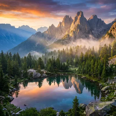 Cinematic wide-angle landscape of a rugged mountain range with towering jagged granite peaks at sunrise. In the foreground, an alpine lake with crystalline water showing perfect mirror-like reflections of the golden hour sky. Midground features dense, lush pine forests with individual needle detail. Atmospheric physics: volumetric Tyndall effect (god rays) piercing through soft morning mist, advanced atmospheric perspective creating deep layers of blue haze in the distance. High dynamic range (HDR), shot on 24mm wide-angle lens, f/11, 8k resolution, hyper-realistic scenery. Cinematic wide-angle landscape of a rugged mountain range with towering jagged granite peaks at sunrise. In the foreground, an alpine lake with crystalline water showing perfect mirror-like reflections of the golden hour sky. Midground features dense, lush pine forests with individual needle detail. Atmospheric physics: volumetric Tyndall effect (god rays) piercing through soft morning mist, advanced atmospheric perspective creating deep layers of blue haze in the distance. High dynamic range (HDR), shot on 24mm wide-angle lens, f/11, 8k resolution, hyper-realistic scenery.