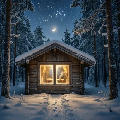 A peaceful cabin in the snowy woods during winter, warm yellow light glowing from the windows, starry night sky, cozy atmosphere, extremely detailed. A peaceful cabin in the snowy woods during winter, warm yellow light glowing from the windows, starry night sky, cozy atmosphere, extremely detailed.