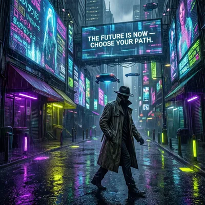 A bustling neon-lit street in a futuristic cyberpunk metropolis raining heavily, glowing holographic signs reflecting on wet asphalt, cinematic composition. A bustling neon-lit street in a futuristic cyberpunk metropolis raining heavily, glowing holographic signs reflecting on wet asphalt, cinematic composition.