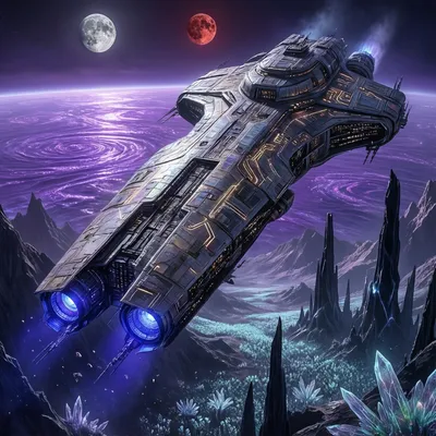 A colossal spaceship hovering over an alien planet with purple oceans and twin moons, highly detailed sci-fi illustration, epic scale, concept art. A colossal spaceship hovering over an alien planet with purple oceans and twin moons, highly detailed sci-fi illustration, epic scale, concept art.